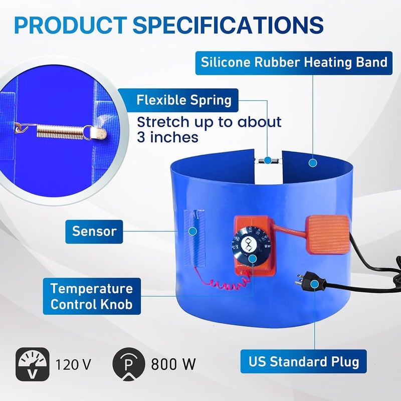 YeloDeer UPGRADED 2 Pcs Blue 5 Gallon Metal Drum Heater with Twist Temperature Control, 120V 800 W Barrel Warmer Band for Grease Keg Heater Operates in 86 ℉-302 ℉, Pail Heating for Honey Drum - Image 2